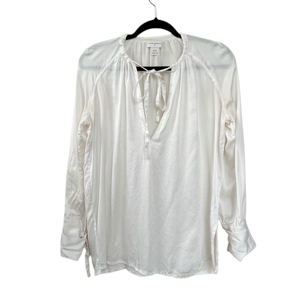 CLUB MONACO Silk Long Sleeve Tie Neck Popover Peasant Blouse Ivory XS